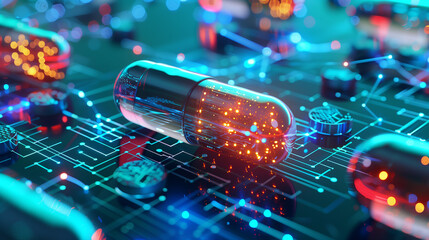 A pill is on a circuit board with a lot of lights. The pill is glowing and surrounded by a lot of other glowing objects. The image has a futuristic and technological vibe