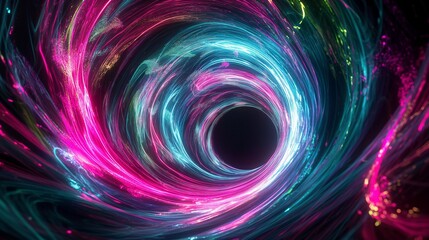 A swirling vortex of neon colors, where vibrant pinks, electric blues, and glowing greens intertwine against a deep black abyss, creating a hypnotic, abstract dreamscape. 32k,
