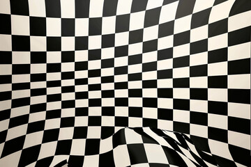 A bold background with an oversized checkered pattern in black and white, creating a striking and modern optical effect.