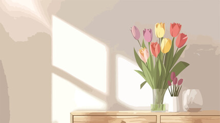 Bouquet of tulip flowers on chest of drawers near