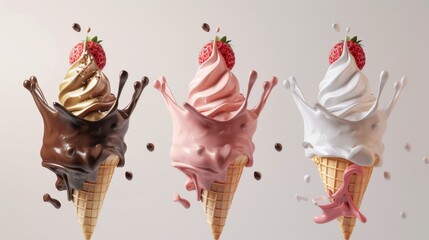 set of Chocolate, vanilla and strawberry splash of Ice cream cone flavor with clipping path, 3d, dessert, sweet, food, ice cream, delicious,