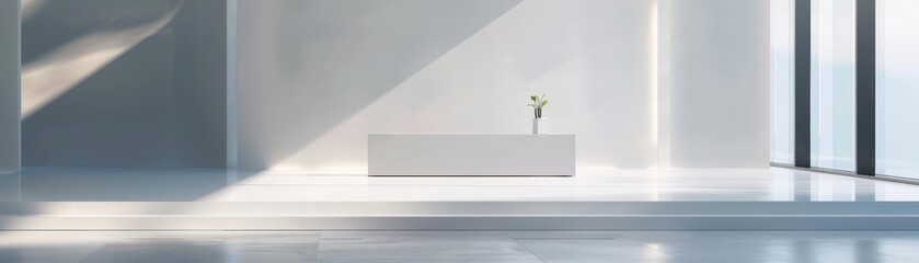 Obraz premium Photo of a minimalist white room with a single flower in a vase on a table. The room is bathed in soft natural light.
