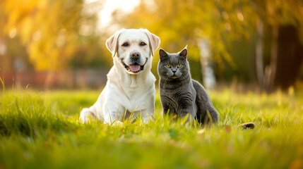 Labrador Retriever and a Chartreux cat sitting together in a lush green field. Banner with pets....