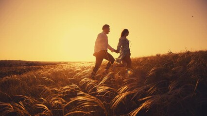 Couple in love in a field in the sunset sunshine. A beautiful romantic moment between two lovers walking through a field. Concept of love of two people, relationship and lifestyle.
