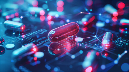 A pill is on a circuit board with a lot of lights. The pill is glowing and surrounded by a lot of other glowing objects. The image has a futuristic and technological vibe