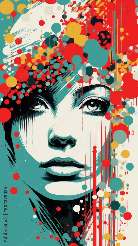 Poster womans face surrounded by colorful circles in an artistic and imaginative display.