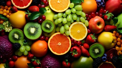 Fruits and vegetable background. Healthy food concept. Top view.