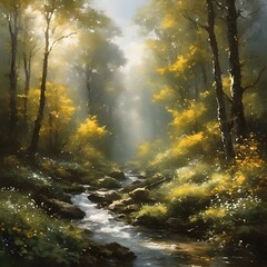 AI illustration of a sunlight filters through trees in a forest painting with a creek