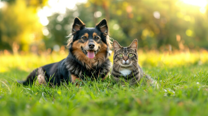 Friendly dog and cat lounging in a sunny meadow. Banner with happy pets. Empty copy space for ads. Generative AI