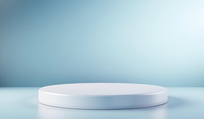 White round podium on light blue background. 3D minimal style. Product display or presentation concept. Design for advertising, banner with copy space, and marketing materials.