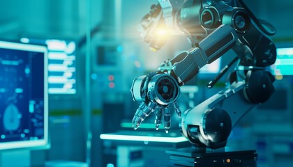 Fototapeta premium A robotic arm with a camera for a hand moves into position in a modern laboratory setting.