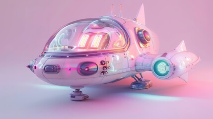 Render a spaceship that looks like a whale with a glass cockpit. Pastel colors only. The spaceship should look like a cartoon. The background should be pink.