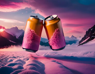 two yellow beer cans toasting