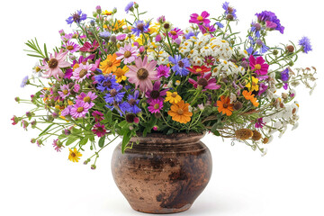 A vibrant bouquet of assorted wildflowers in a rustic vase, isolated on solid white background.
