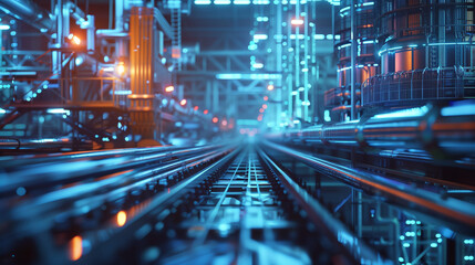 A futuristic industrial scene with a lot of pipes and wires. The image has a futuristic and industrial feel to it