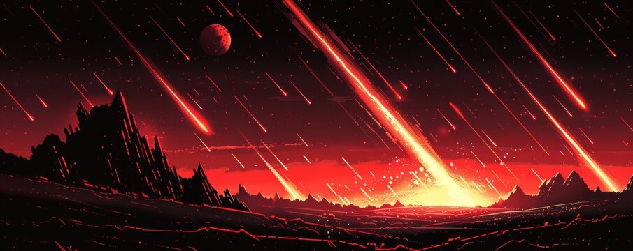 A red planet is being bombarded by meteors.