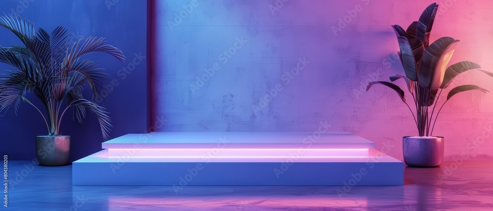 Poster create a 3d rendering of a stage with a glowing neon border
