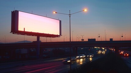 A large billboard is lit up at night with a bright white sign
