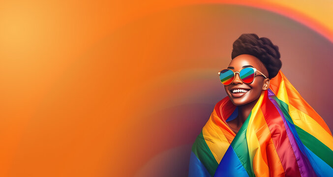 Mujer joven africana, lesbiana feliz con bandera LGBTQ+. Lucha por la igualdad y la inclusión. Ilustración IA generativa. Recurso gráfico tipo pancarta con espacio negativo.