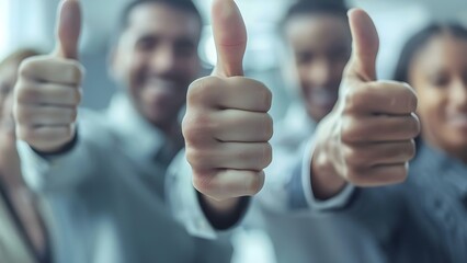 Diverse employees celebrate success showing thumbs up in the office. Concept Diversity, Success, Thumbs Up, Office, Celebration