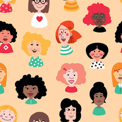 Diversity girls seamless pattern, vector illustrations for girl power themes like diversity, equality, feminism, lesbian, transgender, queer