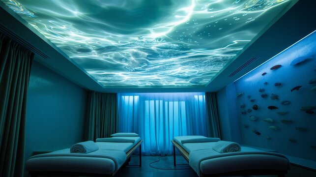 A tranquil spa room where the ceiling is adorned with a light projection of softly moving, underwater scenes, creating a deeply relaxing and immersive healing environment. 32k