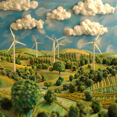 Miniature wind farm with tiny turbines in green fields. Renewable energy and sustainability. Clean energy and net zero emissions concept. Sustainable energy, renewable resources, and carbon neutrality