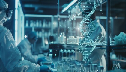 Genetic research and development. Scientists in protective gear work in a lab. A double helix of DNA is in the foreground.