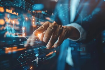 A businessman is using a futuristic touch screen interface to analyze data.