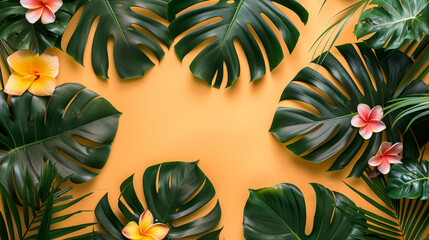 Top view Tropical Leaves banner with copy space