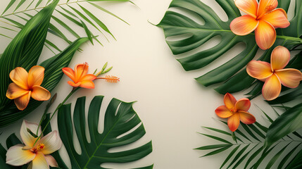 Top view Tropical Leaves banner with exotic flowers, copy space