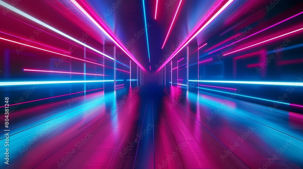 Poster create a realistic image of a dark futuristic tunnel with blue and pink neon lights on the walls and