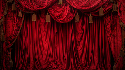 Red velvet curtains with ornate swags and tassels