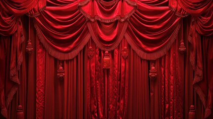 red velvet curtains with ornate swags and tassels
