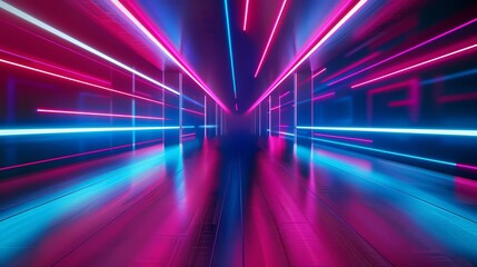 Create a realistic image of a dark futuristic tunnel with blue and pink neon lights on the walls and floor