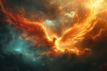 A digital painting of a phoenix rising from ashes, metaphorically representing transformation and rebirth in change management, with fiery colors and dramatic composition