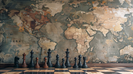 Chessboard with chess pieces located on world map background