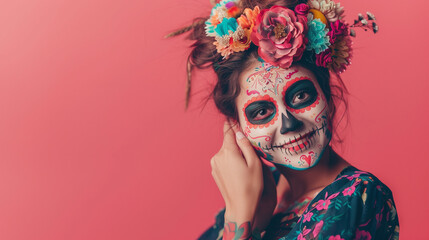 A sugar skull makeup women, Day of the Dead.