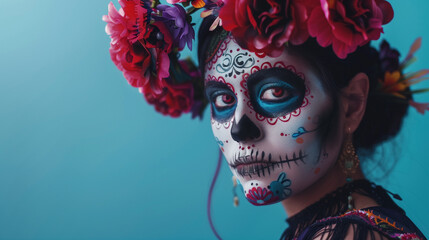 A sugar skull makeup women, Day of the Dead.