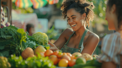 A beautiful female customer purchasing sustainable organic vegetables - Powered by Adobe