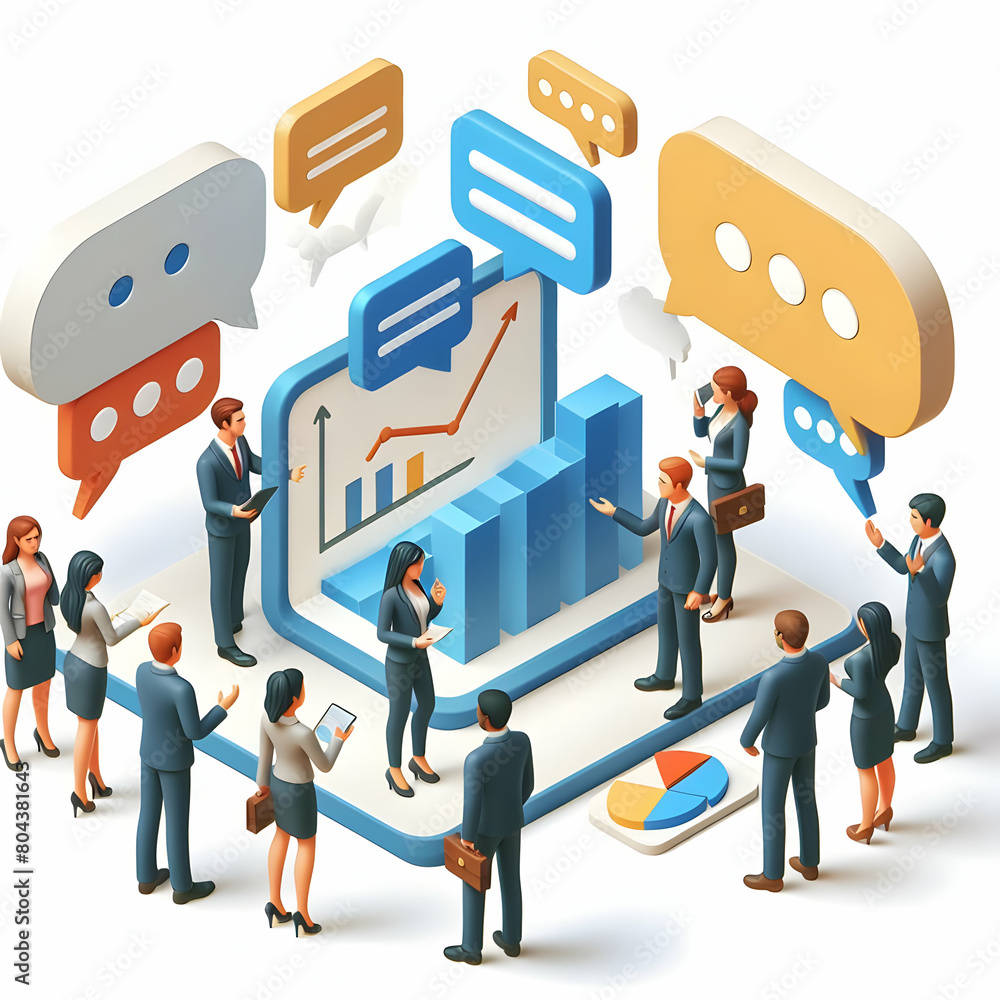 Poster encouraging open dialogue in team activities: 3d flat cartoon icon illustrating business activity an