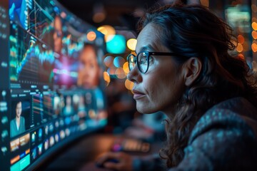 Obraz premium A virtual team meeting with participants displayed on a large curved monitor, showcasing people from various ethnic backgrounds engaging interactively Soft focus background with tech decor