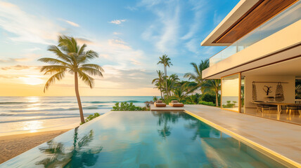 photograph of a luxury beachfront villa, with infinity pool overlooking the ocean, palm trees swaying in the breeze, and golden sands stretching into the distance