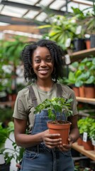 A woman is holding a plant in a pot