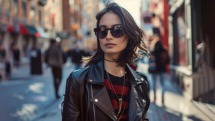 Fototapeta premium street style photo capturing a fashion forward individual rocking a trendy ensemble on a bustling city street