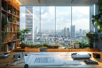 Bright and airy architect's office with drafting table, blueprints, model buildings, and panoramic city view