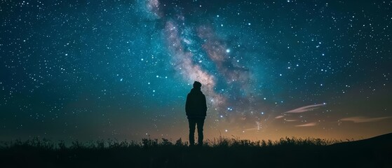 A man stands alone in a field, gazing up at the stars.