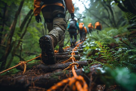 An outdoor team building activity in a forest setting, with a group of professionals navigating through an obstacle course Emphasis on teamwork, leadership, and natural environment