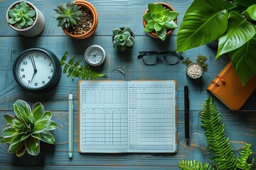 Top view of a smartly organized desk with high-tech gadgets, a planner filled with tasks, and a serene plant in a bright, minimalist office setting