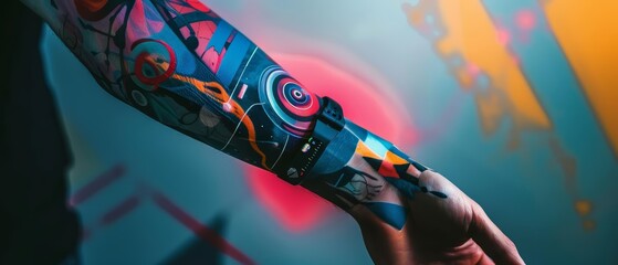 A colorful and vibrant tattoo sleeve, featuring a mix of abstract shapes, geometric patterns, and illustrative elements